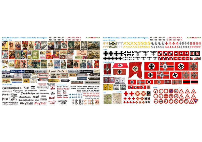 1:56 scale German WW2 diorama decals with posters, street signs, flags, graffiti, maps and mine signs
