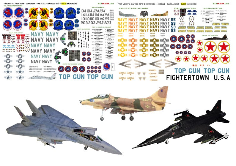 1:48 Decals for “Top Gun” F-14A Tomcat, A-4 Skyhawk & “MIG-28” F-5 Conversion Decals