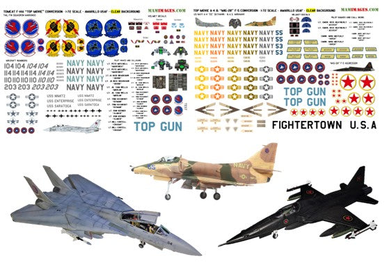 1:72 Decals for "Top Gun" F-14A Tomcat, A-4 Skyhawk & “MIG-28” F-5 Conversion
