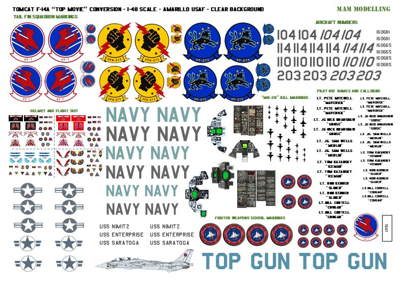 1:48 Decals for "Top Gun" F-14A Tomcat Conversion (F-14 VF-1 VF-213 VFA-213)