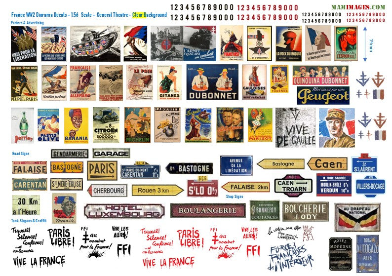 1:56 Scale French WW2 Diorama Decals (Posters, Street Signs, Tank Slogans)
