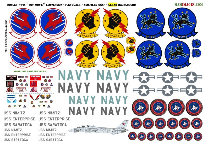 1:32 Decals for "Top Gun" F-14A Tomcat Conversion (F-14 VF-1 VF-213 VFA-213)