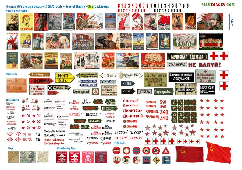 1:72/1:76 Scale Russian WW2 Diorama Decals (Posters, Street Signs, Tank Slogans)
