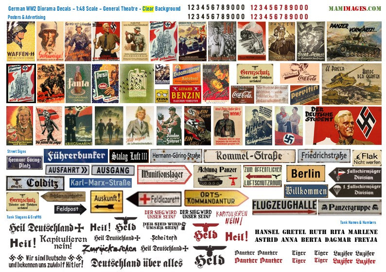 1:48 Scale German WW2 Diorama Decals (Posters, Street Signs, Tank Slogans)