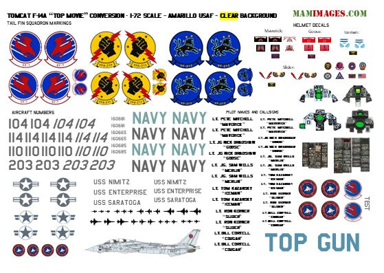 1:72 Decals for "Top Gun" F-14A Tomcat, A-4 Skyhawk & “MIG-28” F-5 Conversion