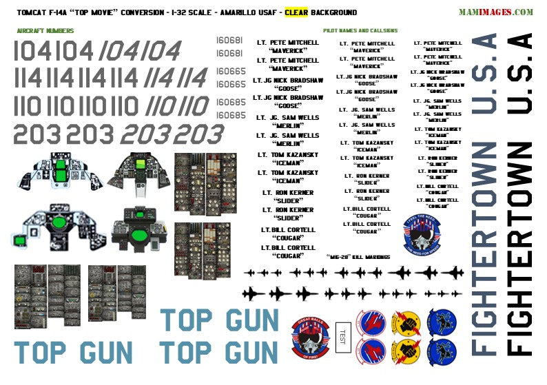 1:32 Decals for "Top Gun" F-14A Tomcat Conversion (F-14 VF-1 VF-213 VFA-213)