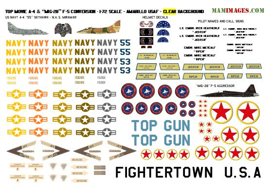 1:72 Decals for "Top Gun" F-14A Tomcat, A-4 Skyhawk & “MIG-28” F-5 Conversion