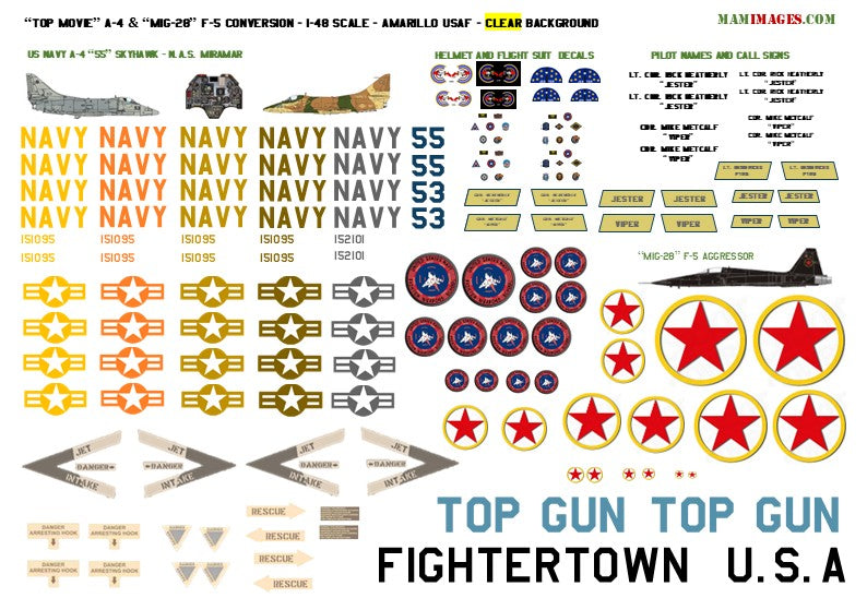 1:48 Decals for “Top Gun” F-14A Tomcat, A-4 Skyhawk & “MIG-28” F-5 Conversion Decals