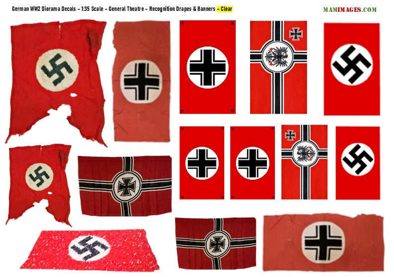 1:35 German WW2 Diorama Decals – Recognition Drapes & Banners. Swastika & Iron Cross