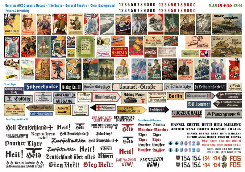1:56 Scale German WW2 Diorama Decals (Posters, Street Signs, Tank Slogans)